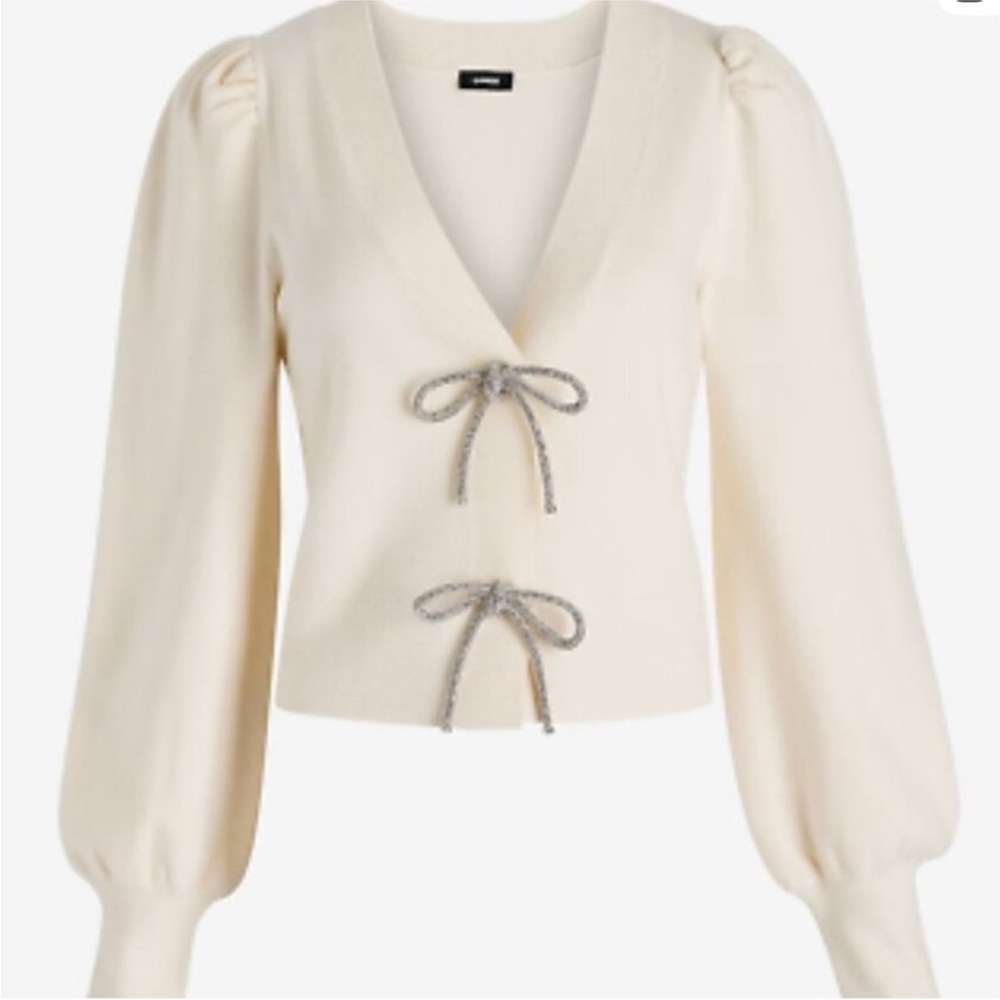 NWT Express Cream V-Neck Puff Sleeve Cardigan with Crystal Bow Ties - Picture 2 of 4
